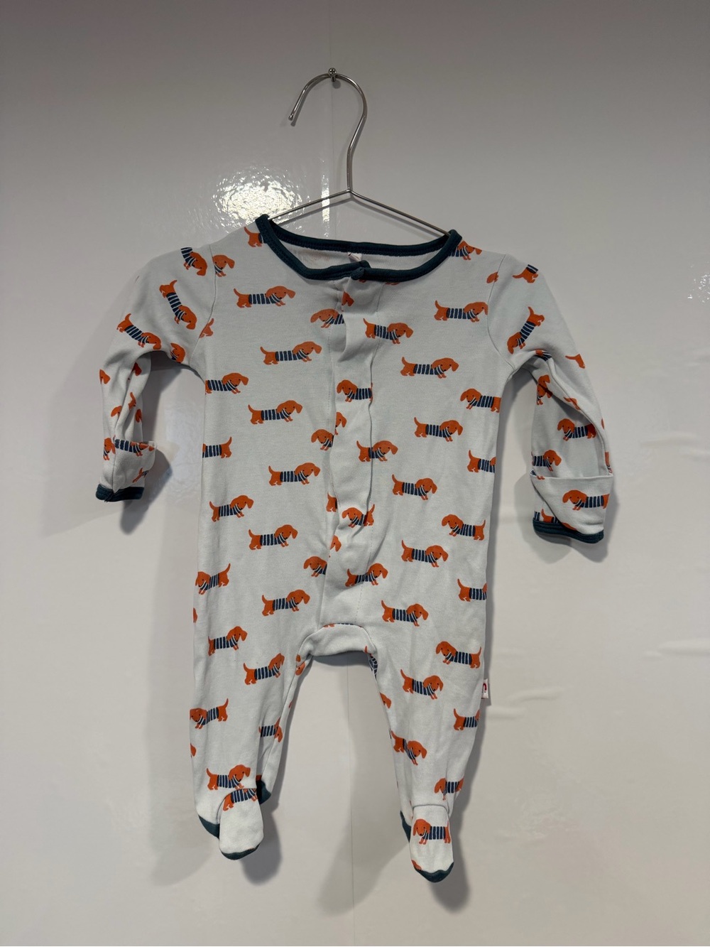 E=mc magnetic close White Baby One-Piece with Orange Dachshund Print